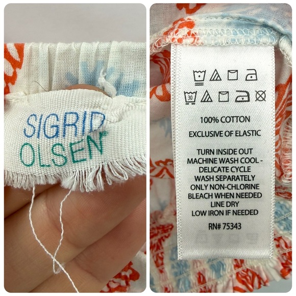 Sigrid Olsen Cotton Peasant Flutter Sleeve Printed Top | White/Orange/Blue | Med - Picture 7 of 7